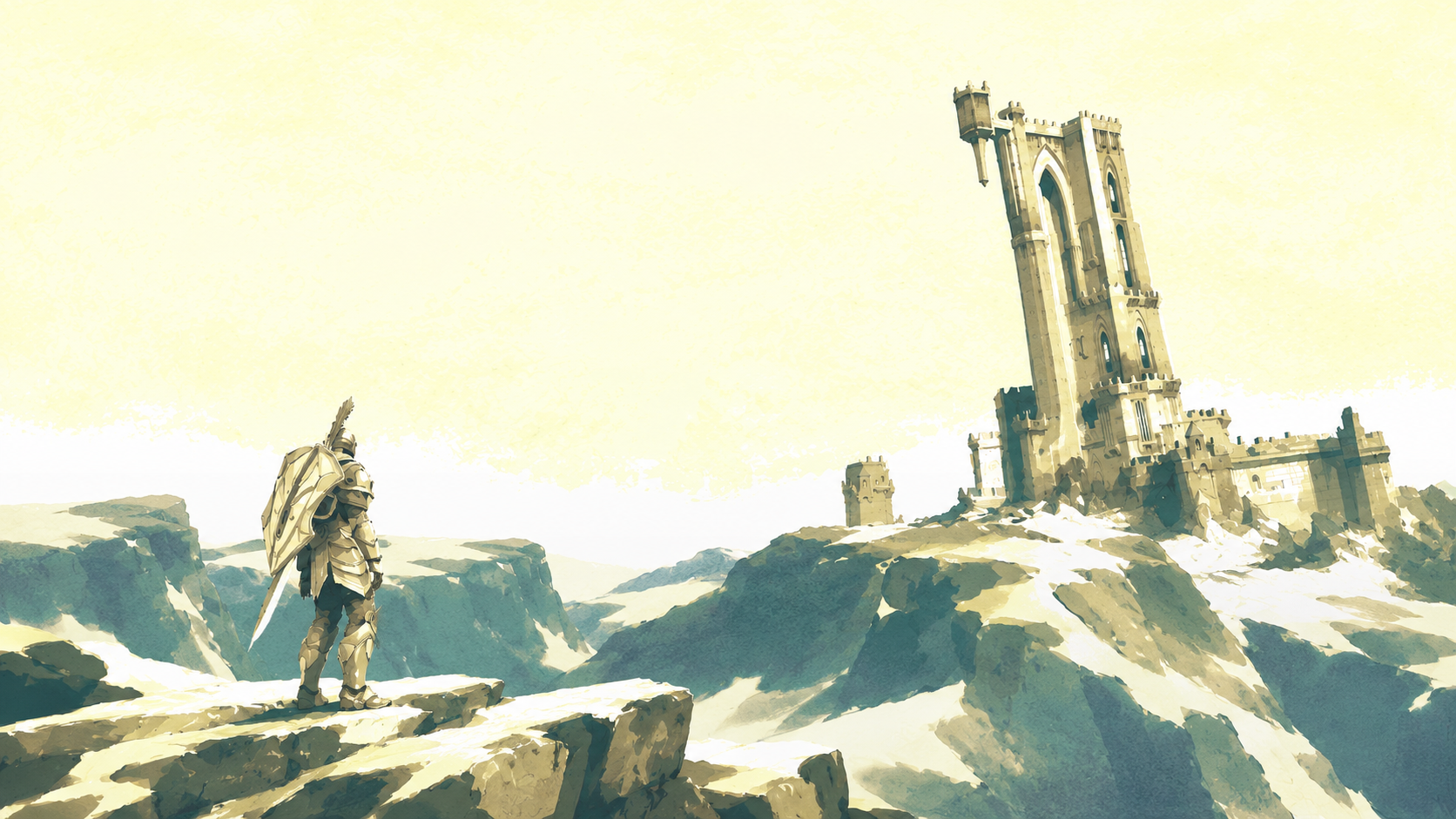 An armored knight facing the Gothic tower from Infinity Blade, rendered in pale ivory and gold